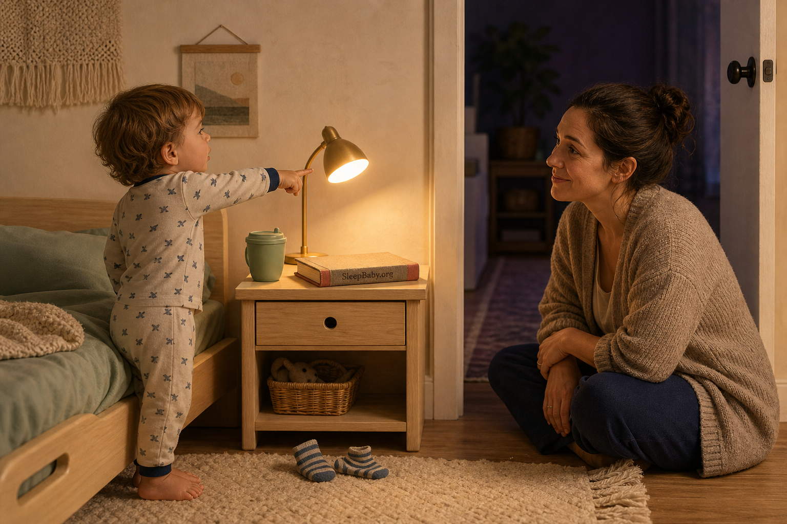 A pajama-clad toddler points toward a bedside lamp while a caregiver waits calmly beside water and a closed book.