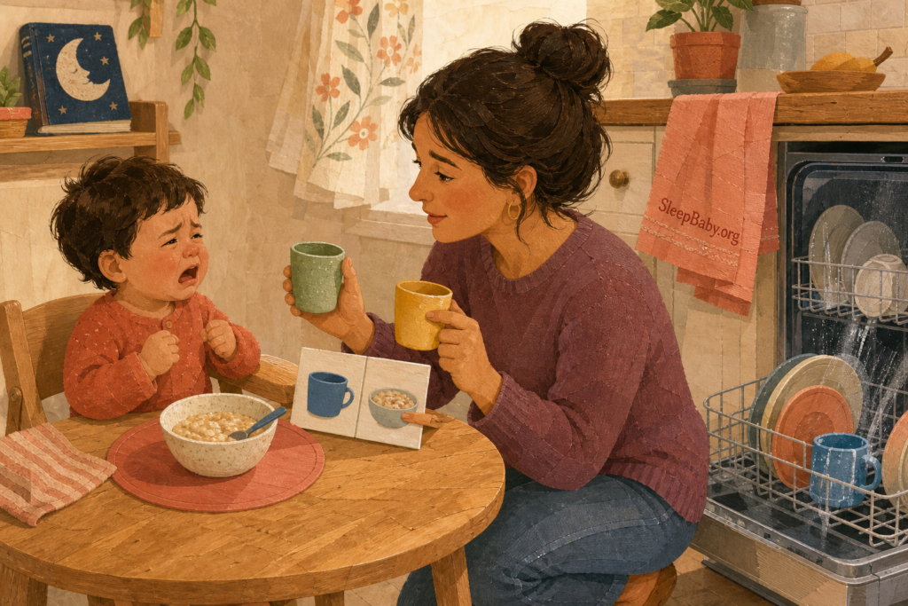 Crying toddler sees the blue cup in the dishwasher as a caregiver offers green and yellow choices.