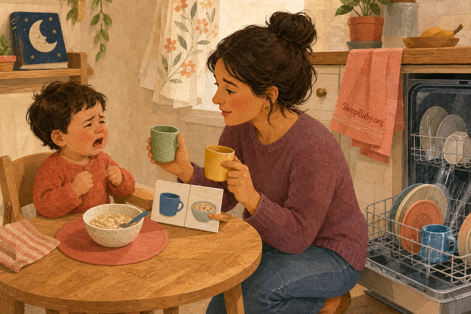 Crying toddler sees the blue cup in the dishwasher as a caregiver offers green and yellow choices.