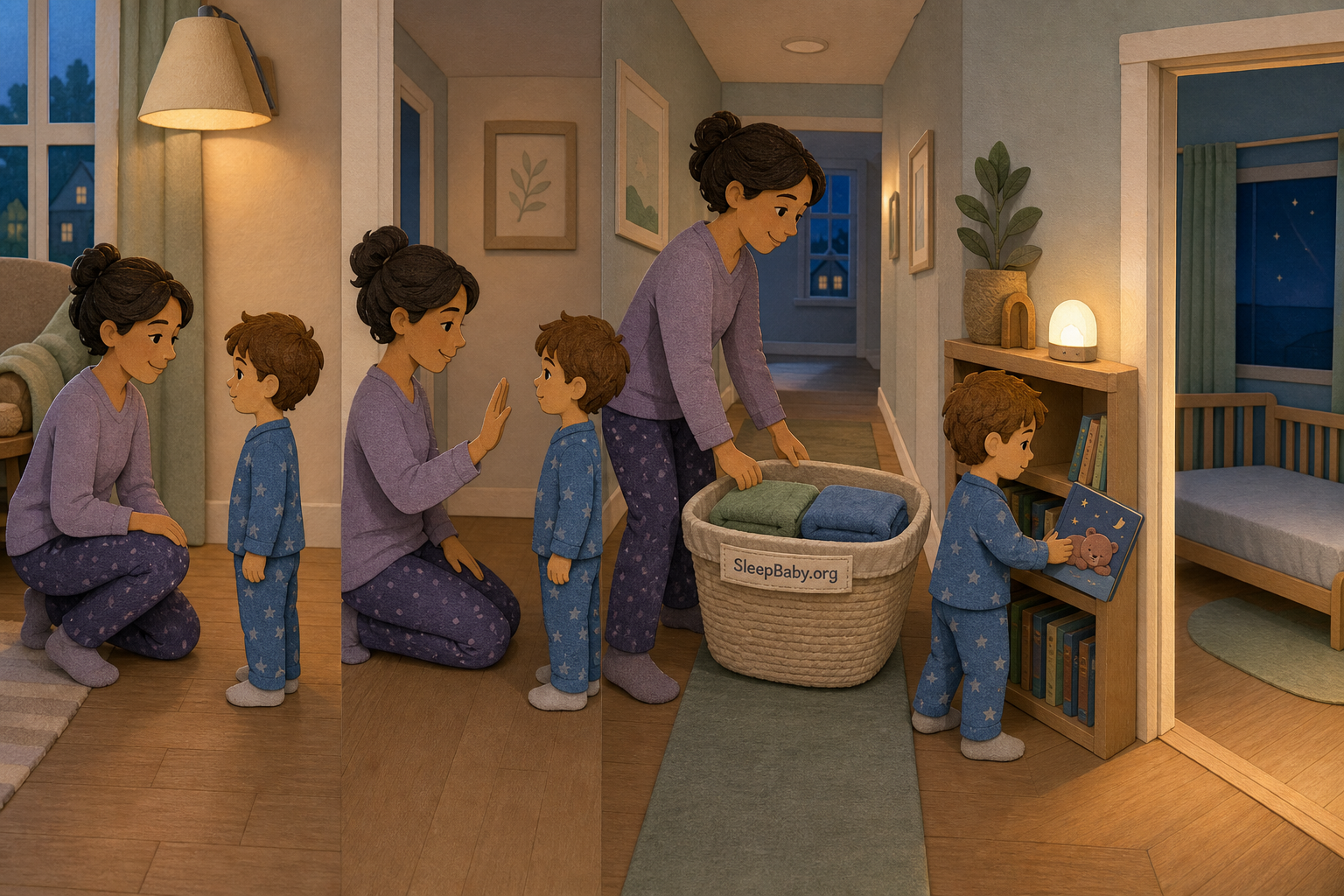 A caregiver settles, gives one open-palm cue, pushes a two-towel basket with a pajama-clad child and moves on to a bedtime book