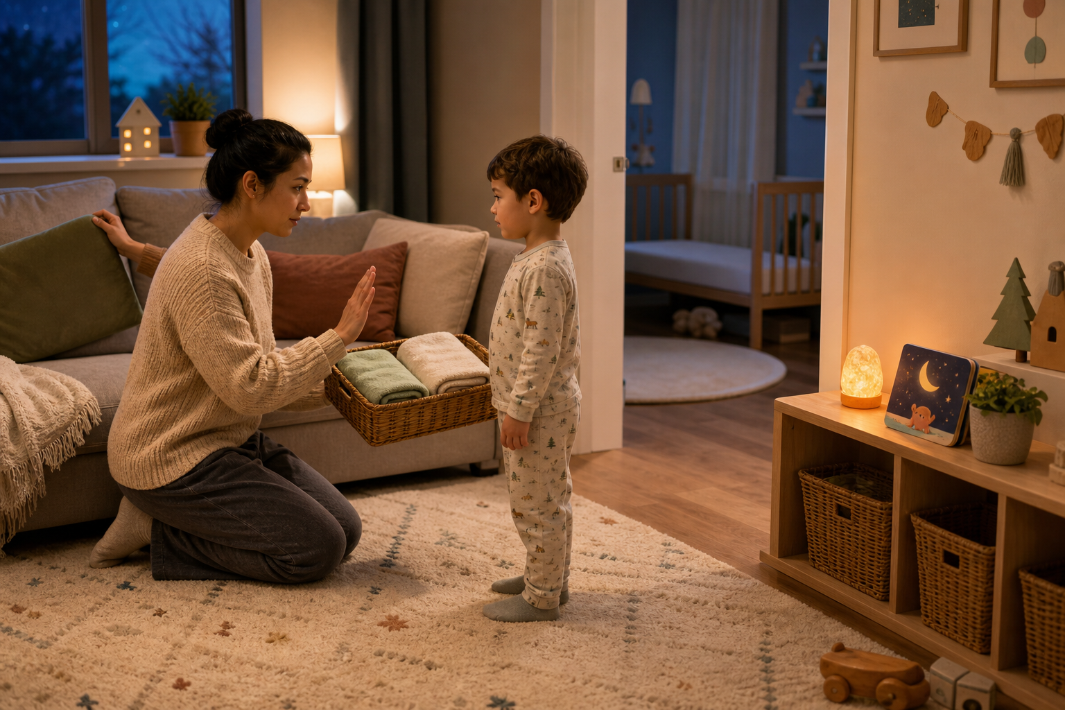 Caregiver offers a two-towel basket to a pajama-clad child beside a reset sofa cushion, nightlight, board book and empty sleep space