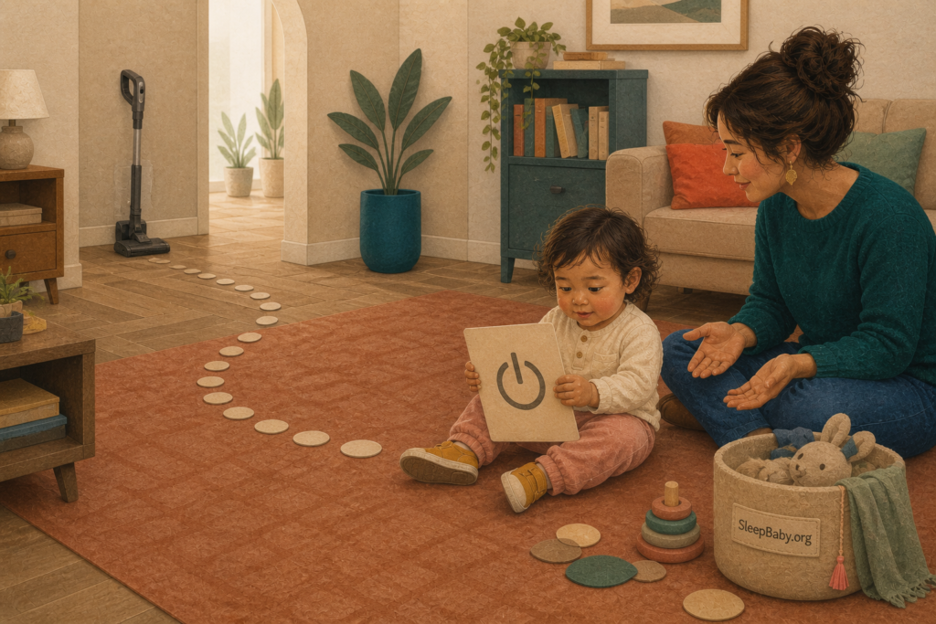 Toddler holds a power-symbol card while an idle vacuum waits across the room and a caregiver sits nearby.
