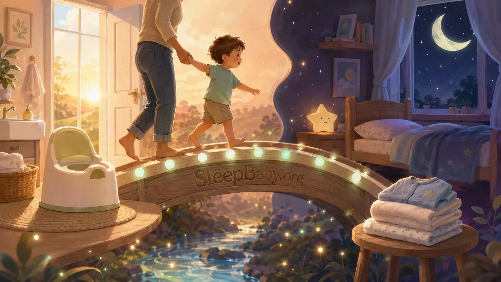 Toddler and parent cross a glowing bridge from a sunrise bathroom and potty toward a moonlit bedroom