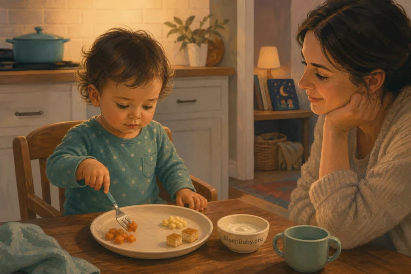 A toddler chooses one bite from a modest plate with small portions of familiar starch, protein, produce, and yogurt.