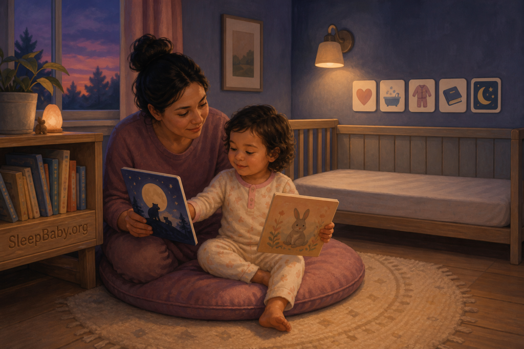 Pajama-clad toddler chooses between two bedtime books beside a caregiver and an empty toddler bed.