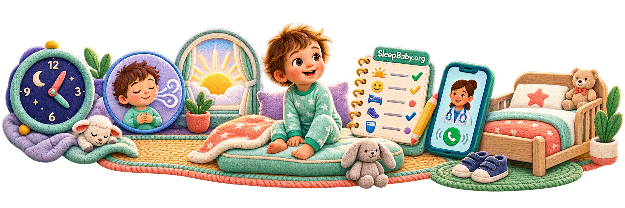 Transparent editorial rail connects a night clock, quiet breathing, wake-up sun, playful toddler, observation note, and pediatric phone call