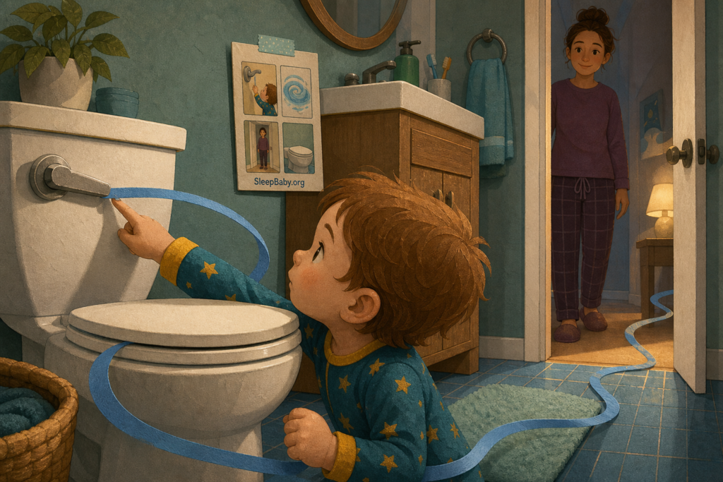 A toddler reaches toward a toilet handle as a blue loop leads to a caregiver entering the bathroom; a SleepBaby.org routine card hangs by the sink.
