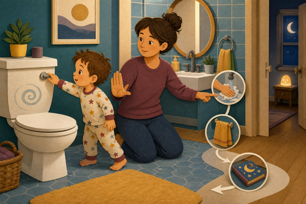 A pajama-clad toddler reaches for the toilet handle while a caregiver signals stop and points toward handwashing, towel return, and a bedtime book.