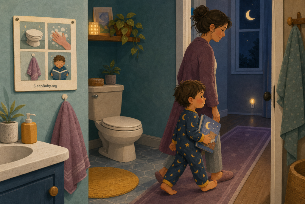A toddler carries a bedtime book beside a caregiver, leaving a bathroom with the toilet lid closed, towel hung, and SleepBaby.org routine card visible.