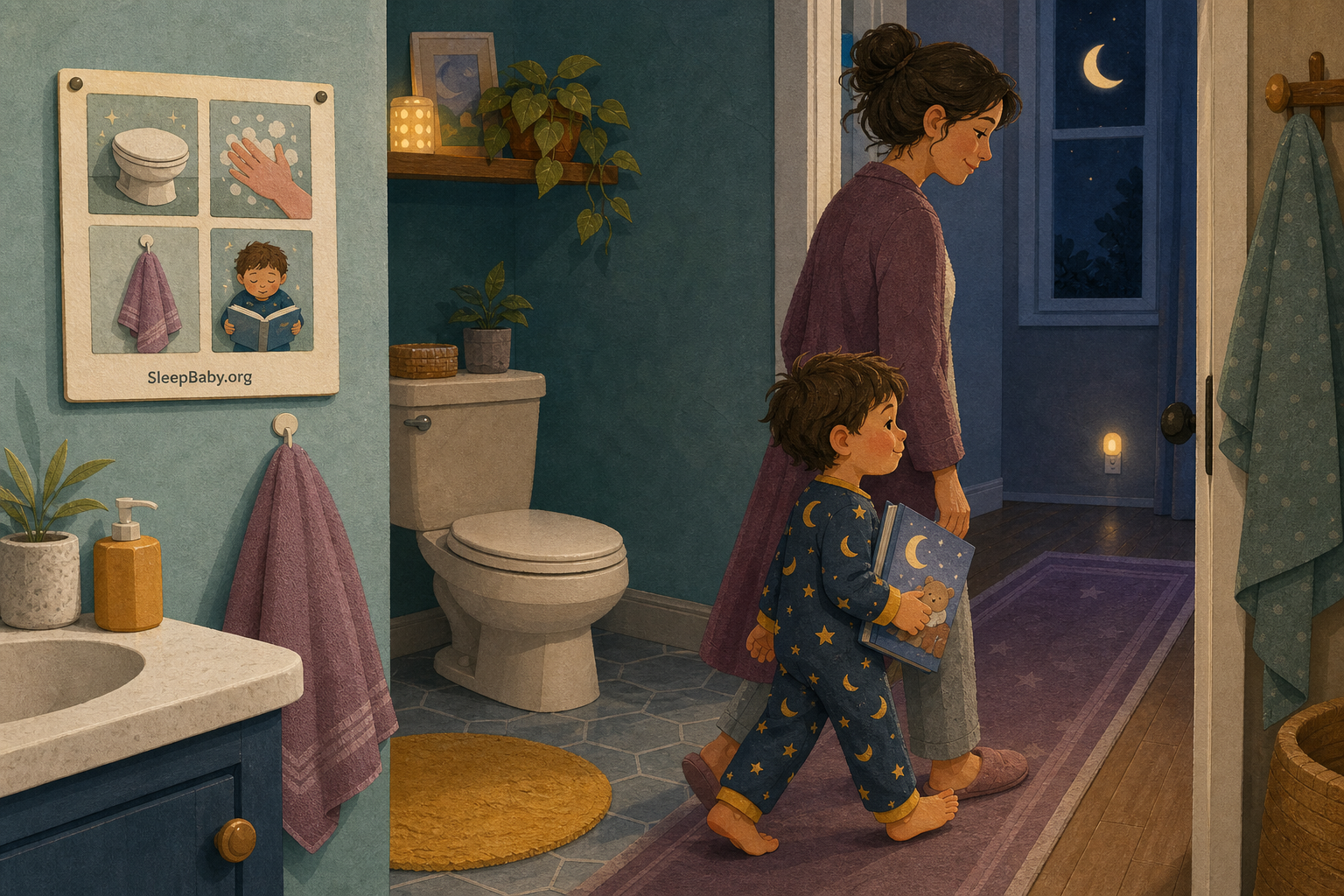 A toddler carries a bedtime book beside a caregiver, leaving a bathroom with the toilet lid closed, towel hung, and SleepBaby.org routine card visible.