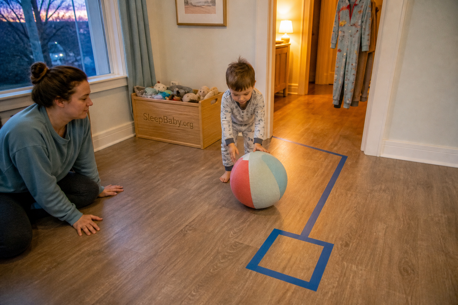 Toddler in pajamas rolls a large soft ball along a floor-tape route while an adult watches nearby at twilight.