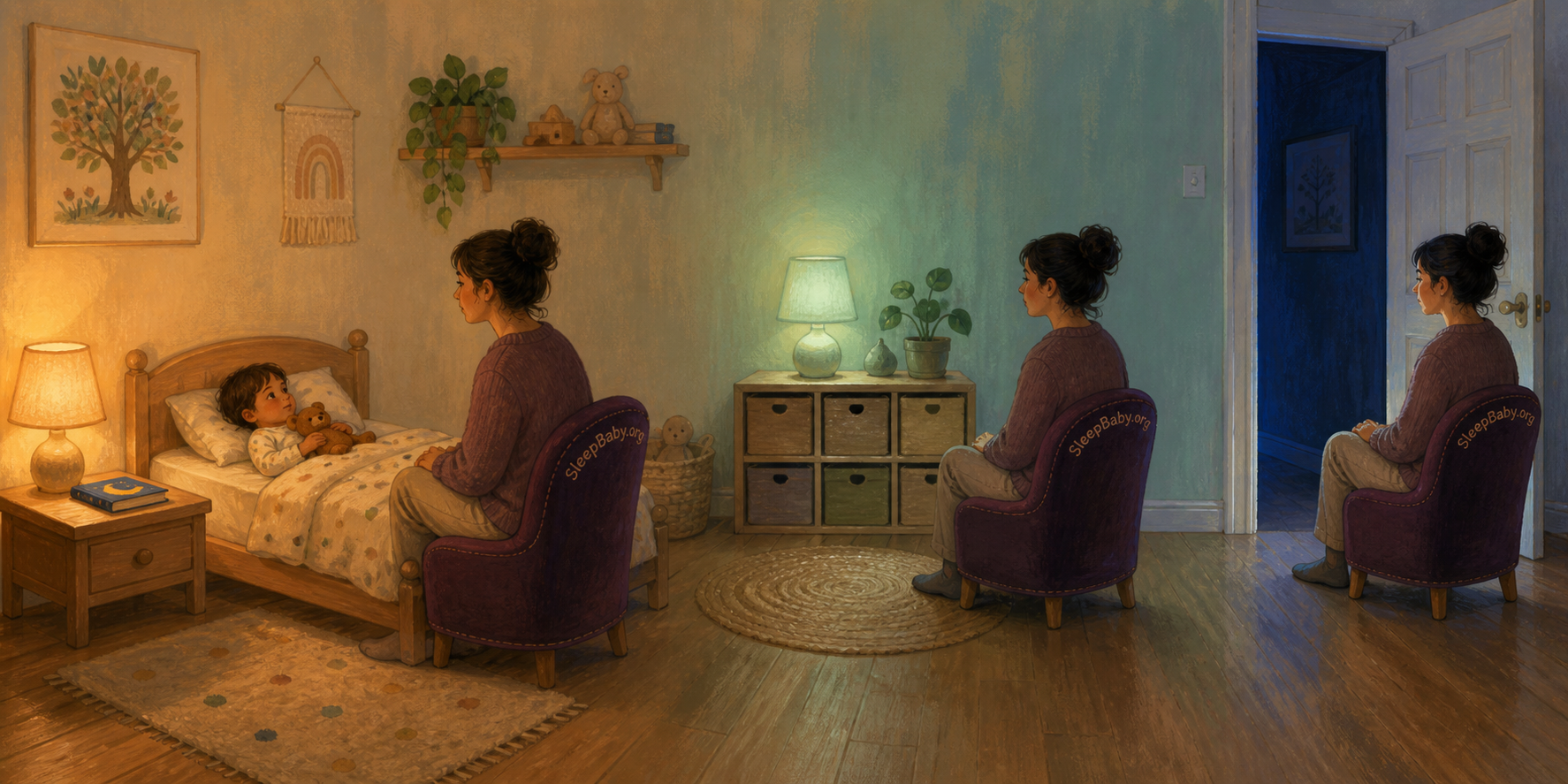The same caregiver sits beside the toddler bed, then midway across the room, then at the doorway as the lamp dims.