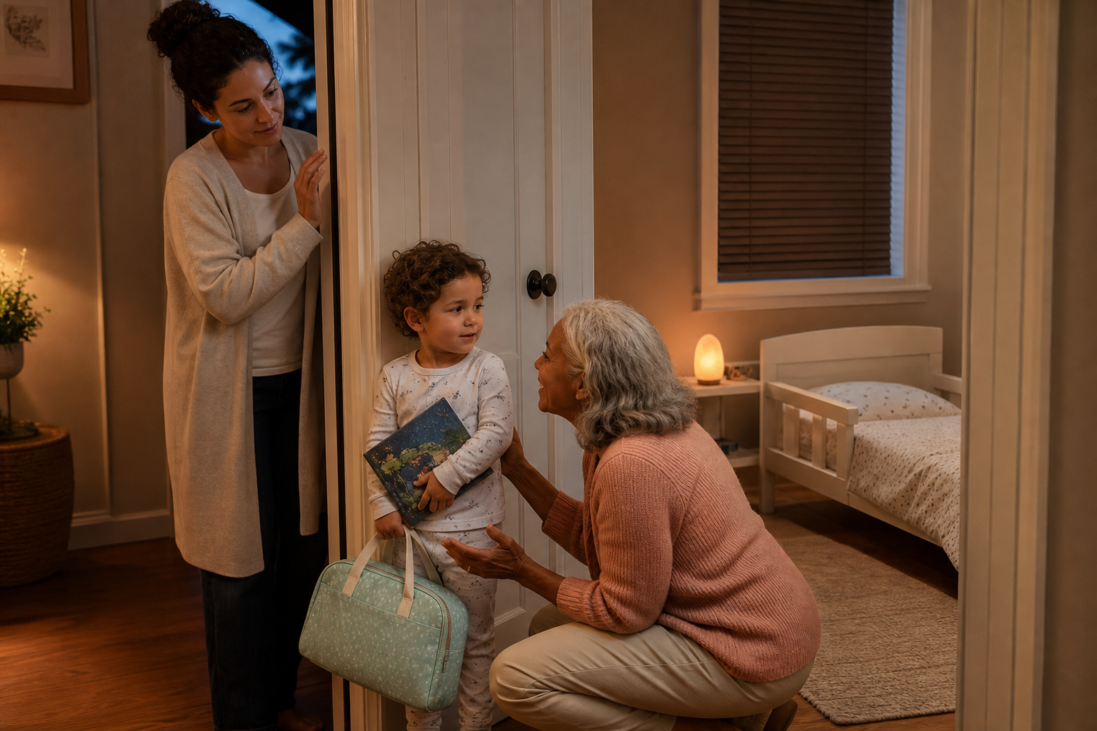 Pajama-clad toddler with an overnight bag and bedtime book looks between a parent and kneeling grandmother beside a prepared guest-room bed.