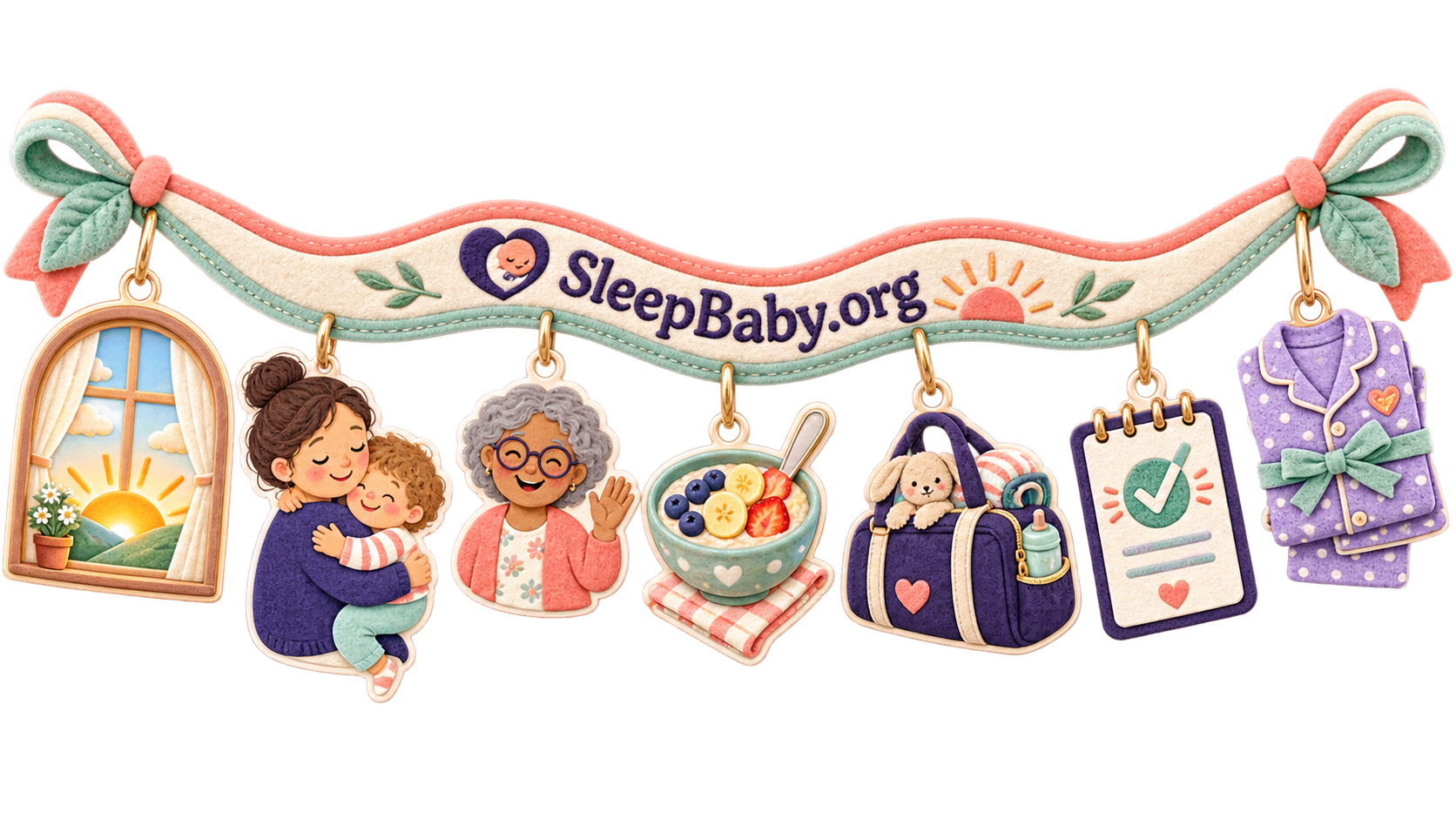 Textile ribbon with sunrise, parent-toddler hug, waving grandparent, breakfast, overnight bag, checkmark card, and folded pajamas