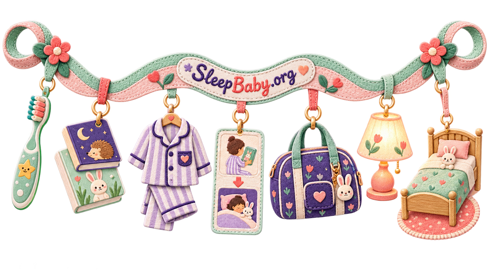 Textile ribbon with a toothbrush, two books, pajamas, picture sequence, overnight bag, lamp, and empty toddler bed