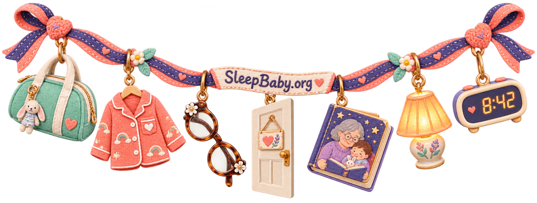 Textile ribbon with an overnight bag, pajamas, grandmother's glasses, guest-room door, bedtime book, nightlight, and 8:42 clock