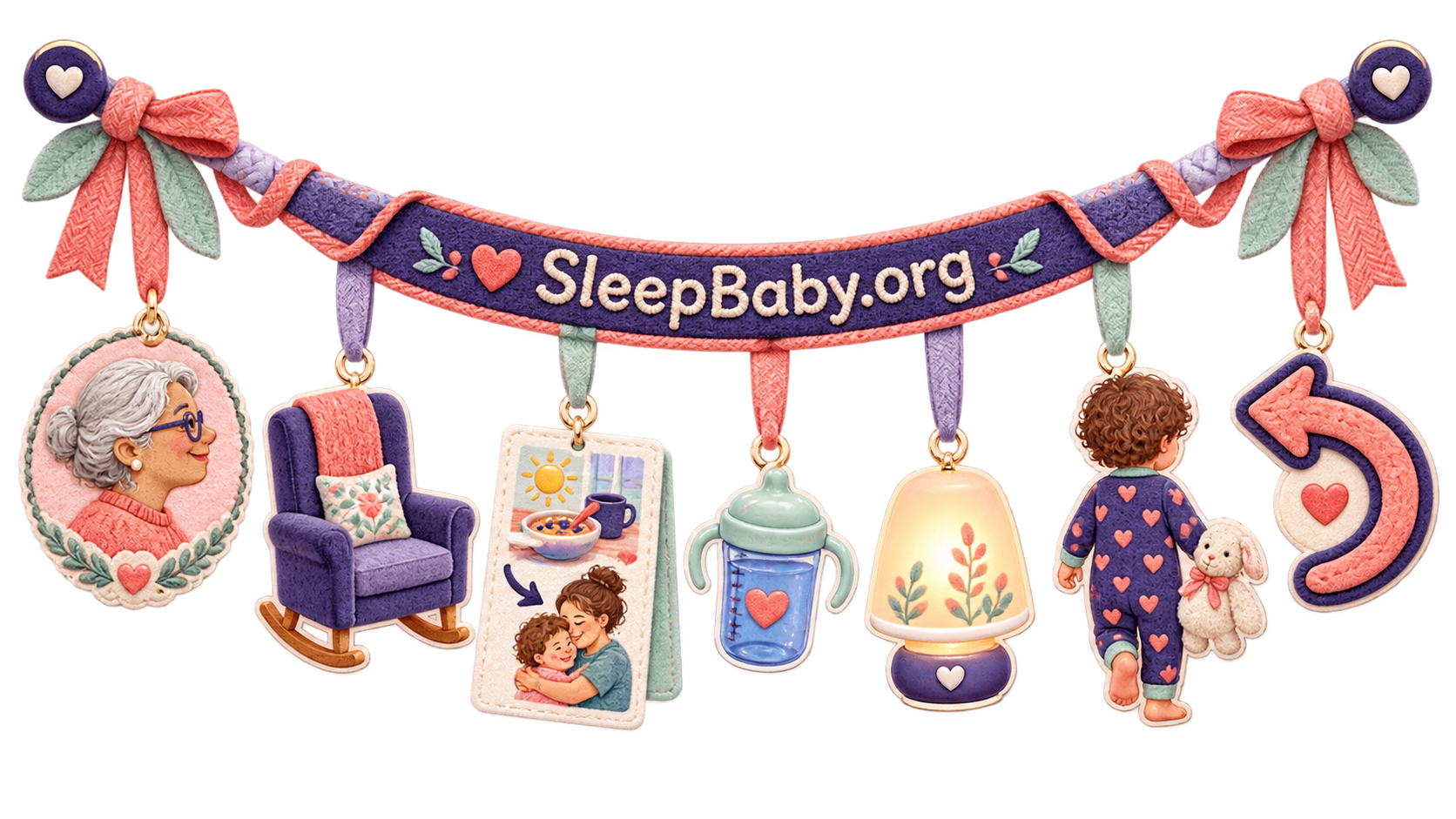 Textile ribbon showing a grandmother, bedside chair, breakfast-then-parent card, water cup, nightlight, toddler, and return arrow