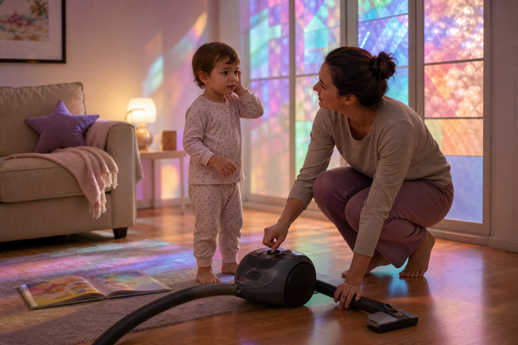 An awake toddler in pajamas covers one ear while a caregiver turns off a vacuum in a softly lit living room.