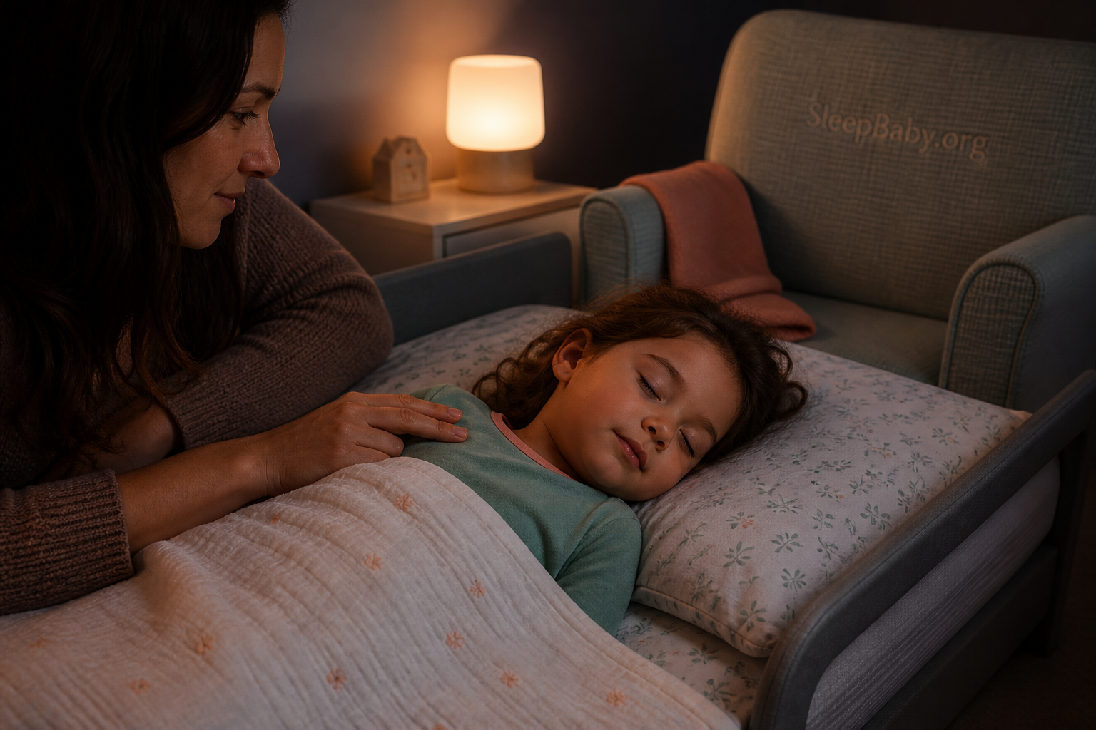 Caregiver quietly checking a sleeping toddler whose face is clear and blanket rests below the shoulders