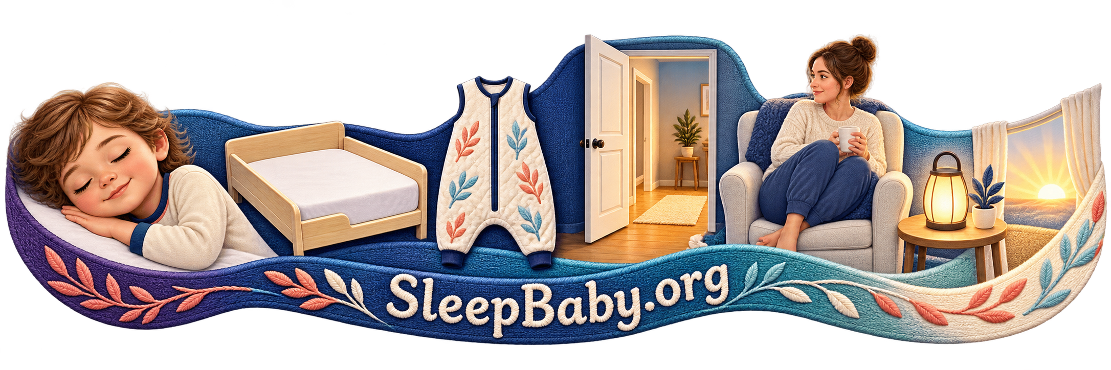 Relief rail showing a peaceful clear-faced toddler, simple bed, wearable layer, caregiver and dawn