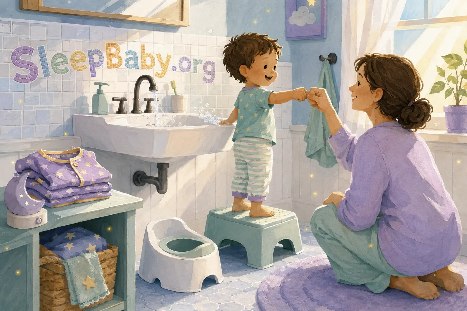 Toddler washes hands on a stable footstool and fist-bumps a parent beside a child potty in morning light