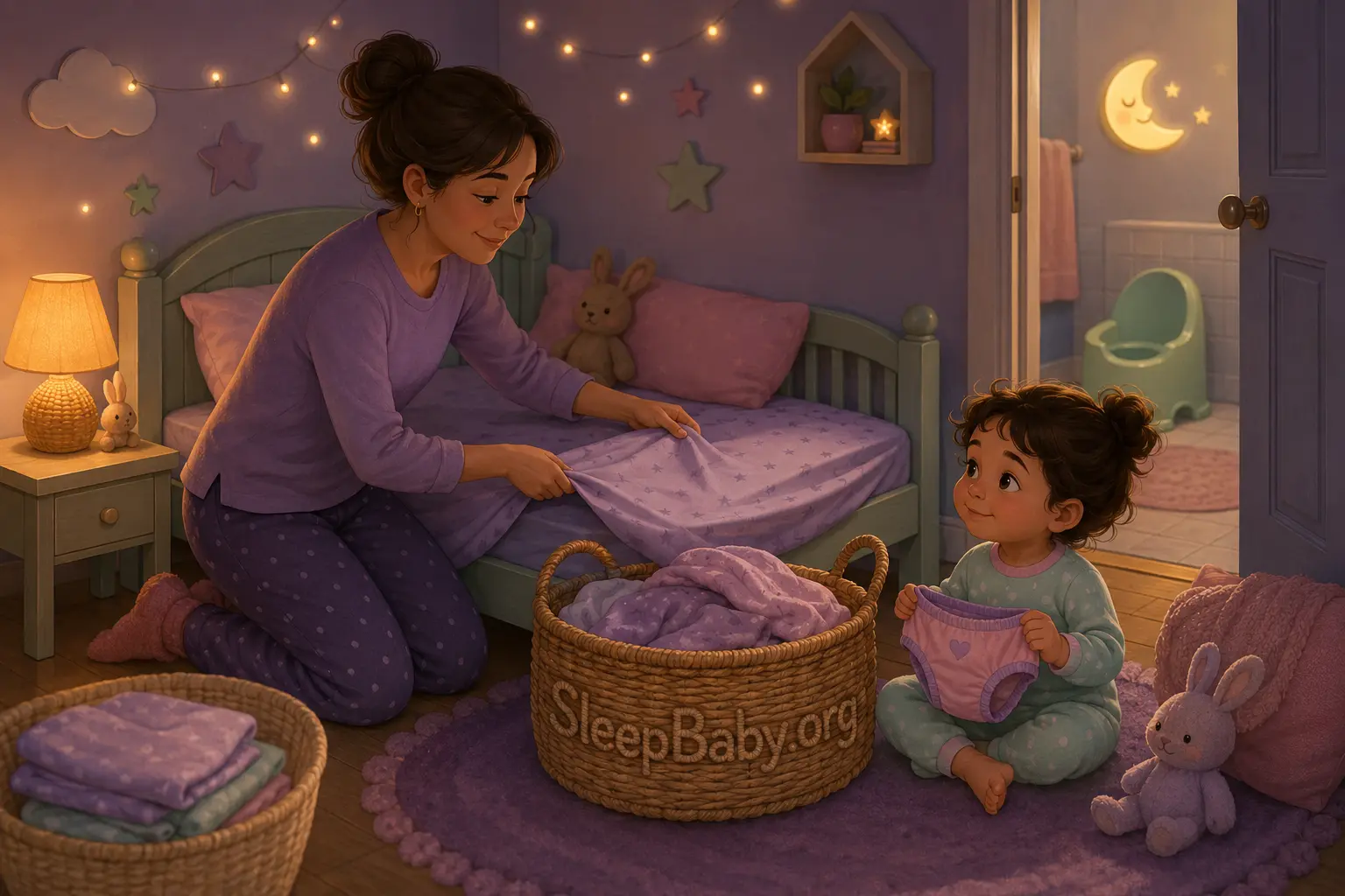 Parent calmly changes a toddler bed sheet at night while the pajama-clad child holds clean overnight protection