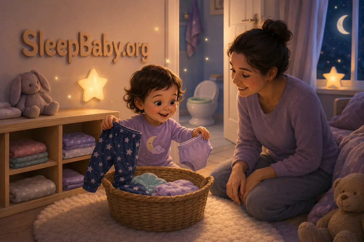 Smiling toddler chooses star pajama pants and clean overnight protection while a parent watches near the bathroom
