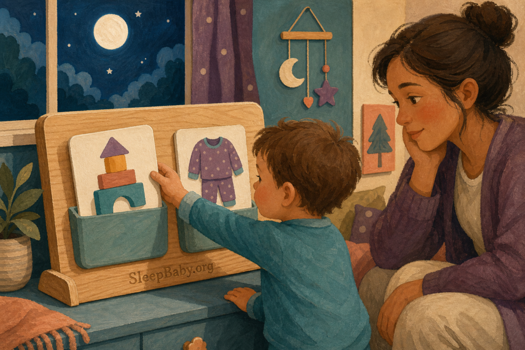 Toddler moves a blocks card beside a pajamas card while a caregiver waits under a moonlit window.