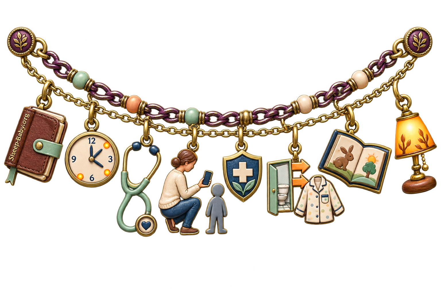 Charm strand with observation notebook, evening clock, stethoscope, caregiver phone, safety shield, pajama transition, bedtime book and amber lamp