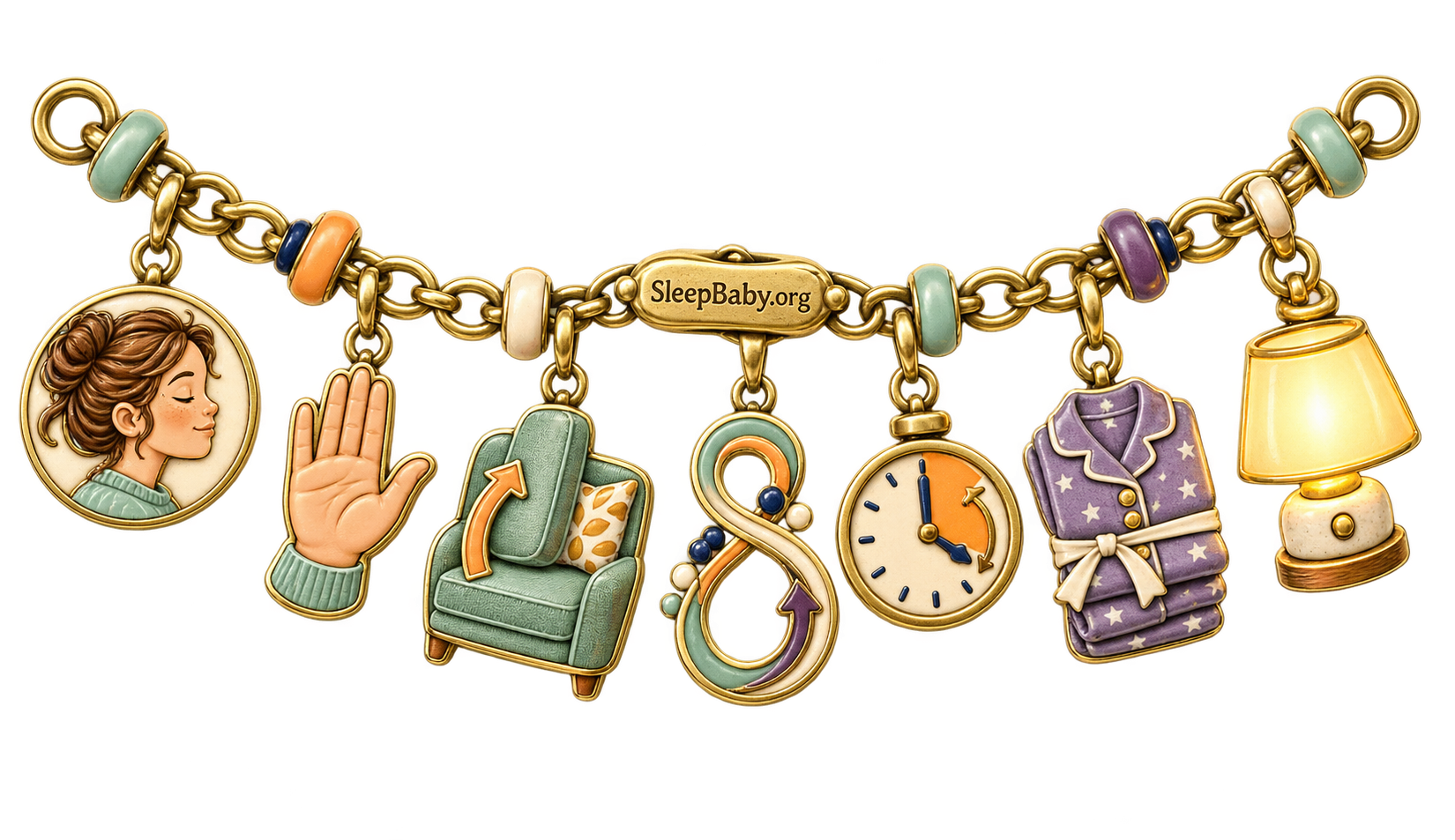 Charm strand with a calm caregiver, pause hand, reset cushion, rhythm loop, clock, folded pajamas and glowing nightlight