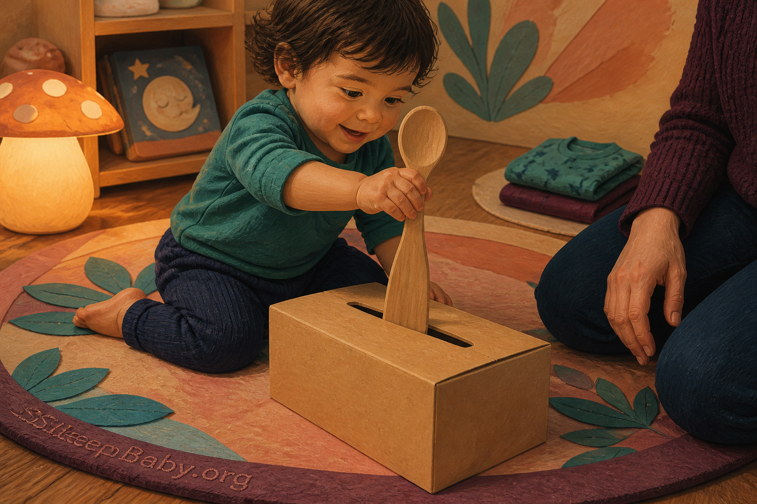 Awake toddler posts a full-size wooden spoon through a wide slot in a sturdy cardboard box.