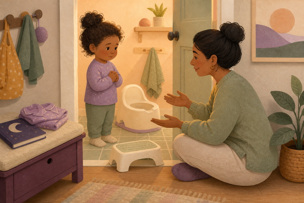Clothed toddler beside a stable child potty while a caregiver sits at eye level near an open bathroom door and foot stool at dusk.