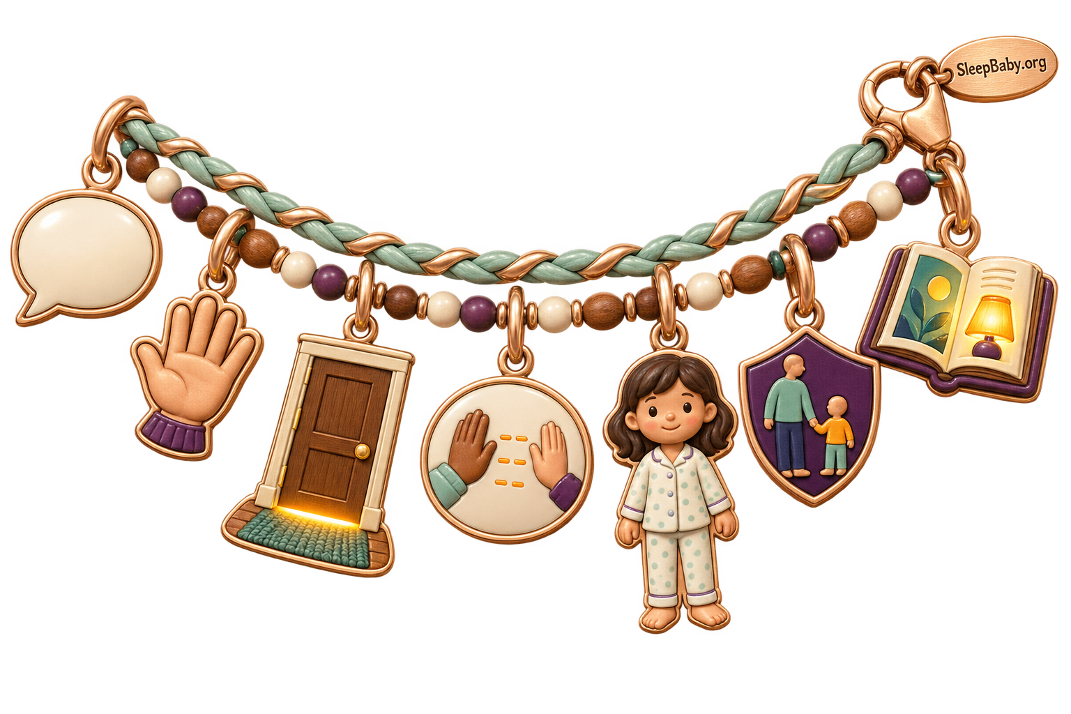 Charm strand with a speech bubble, open hand, private doorway, separate hands, pajama-clad child, trusted-adult shield and bedtime book