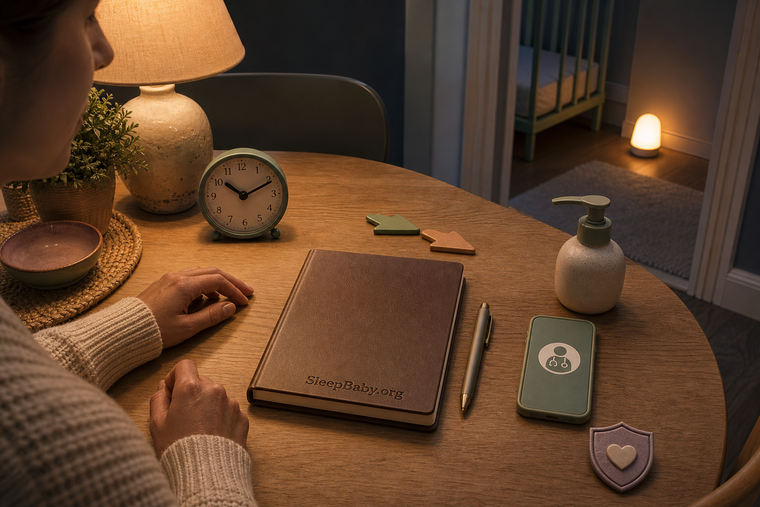 A caregiver's private nighttime notebook sits with a clock, transition arrows, soap, pediatric contact icon and privacy shield beside a lit sleep-space doorway
