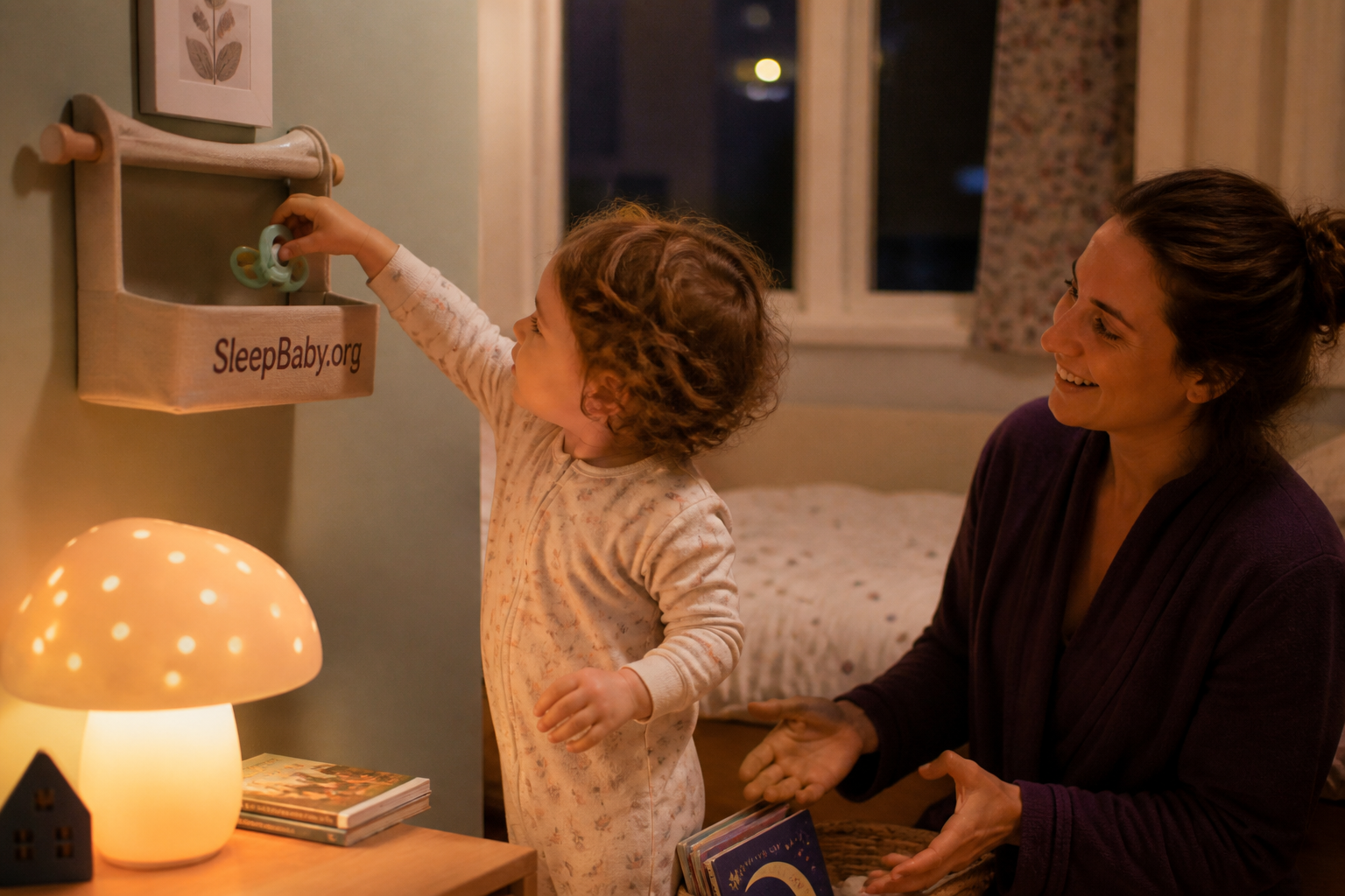 A toddler in pajamas puts a pacifier into a wall cubby beside bedtime books and a glowing nightlight.