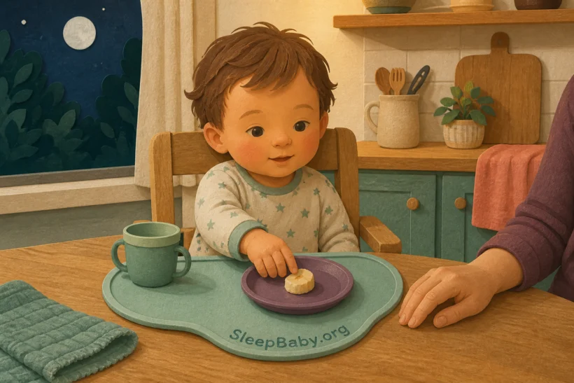 An alert toddler reaches toward one familiar bite beside a settled small cup while the caregiver waits without pressure.