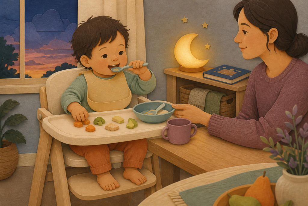 An awake toddler with feet supported in a high chair carries a spoon to the mouth beside soft food, a bowl, a small handled cup, and an attentive caregiver.