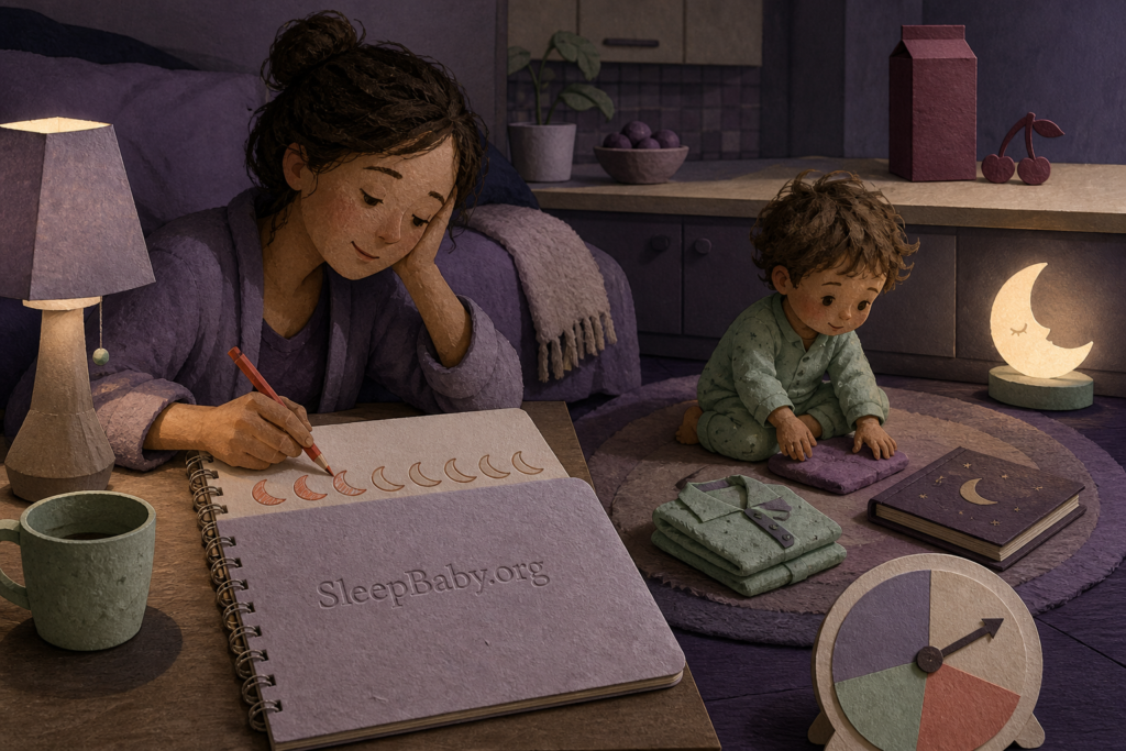 Caregiver marking a seven-moon sleep log while an awake toddler settles beside folded pajamas, a bedtime book, a dim lamp, and a simple nap-end clock