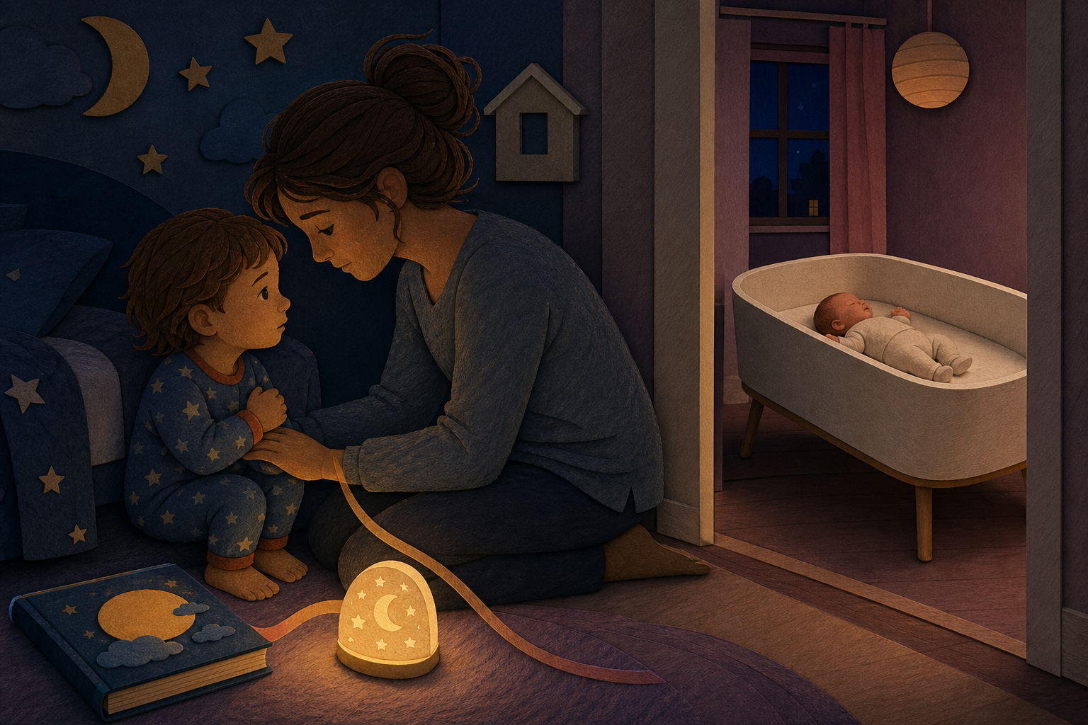 A caregiver kneels with a pajama-clad toddler beside a bedtime book and nightlight while a newborn sleeps on their back in a separate bare bassinet.