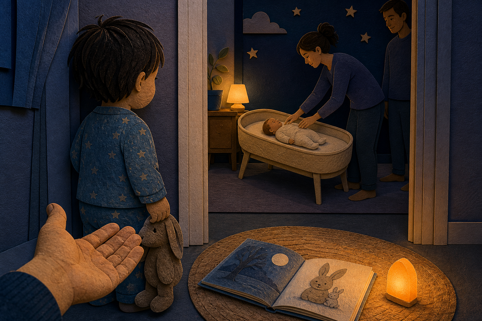 A toddler with a stuffed rabbit stands at a bedroom doorway while one caregiver settles a newborn in a bare bassinet and another offers a hand beside a book and nightlight.