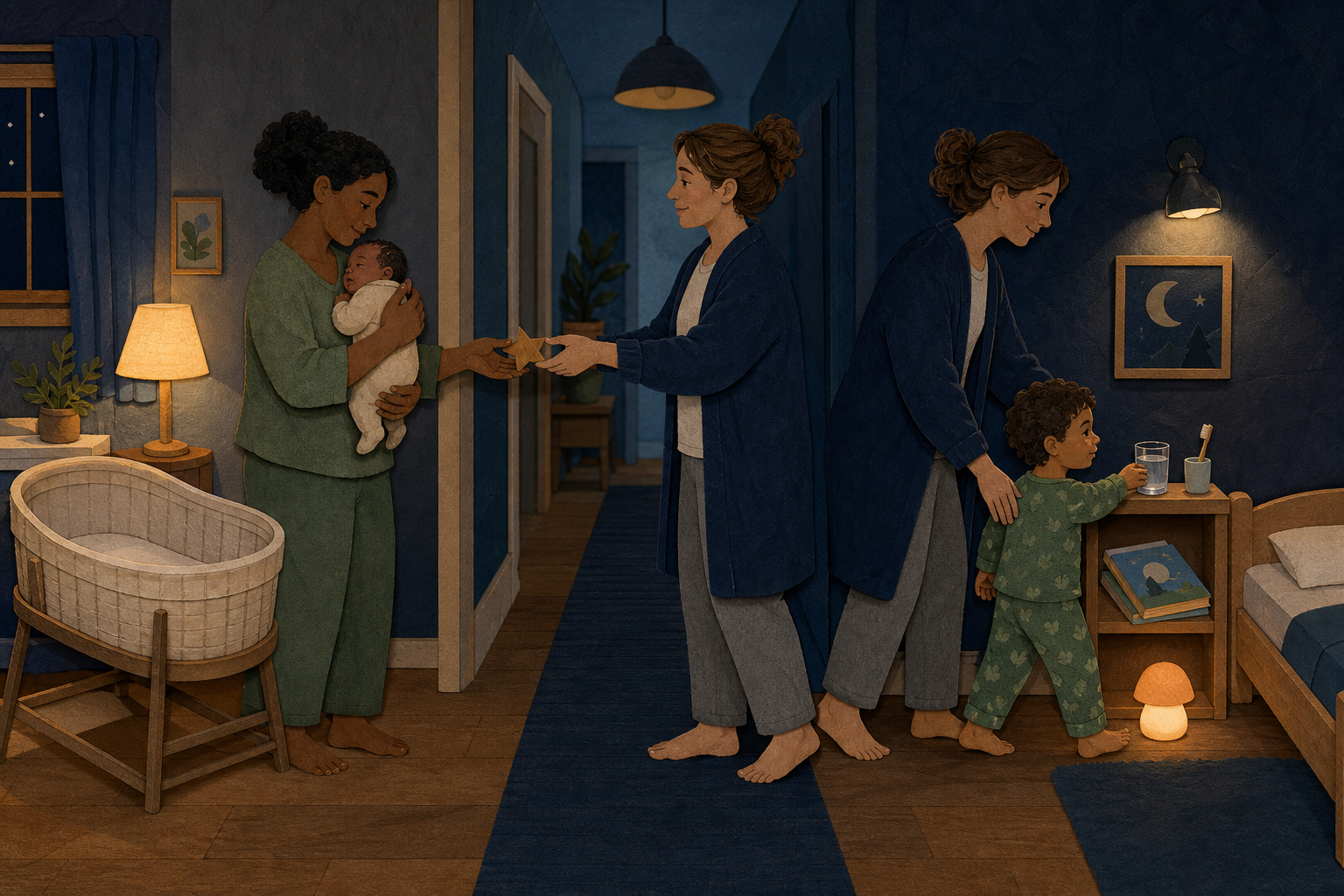 A paper-collage sequence shows a caregiver holding a newborn beside an empty bassinet, a star-token handoff, and a toddler guided past water, toothbrush, book, and bed.