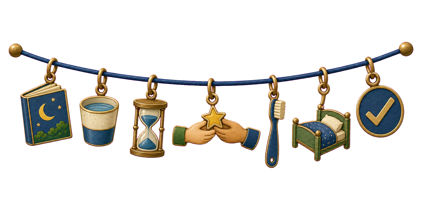 Brass charm strand with a bedtime book, water cup, sand timer, hands passing a star, toothbrush, toddler bed, and completion check.