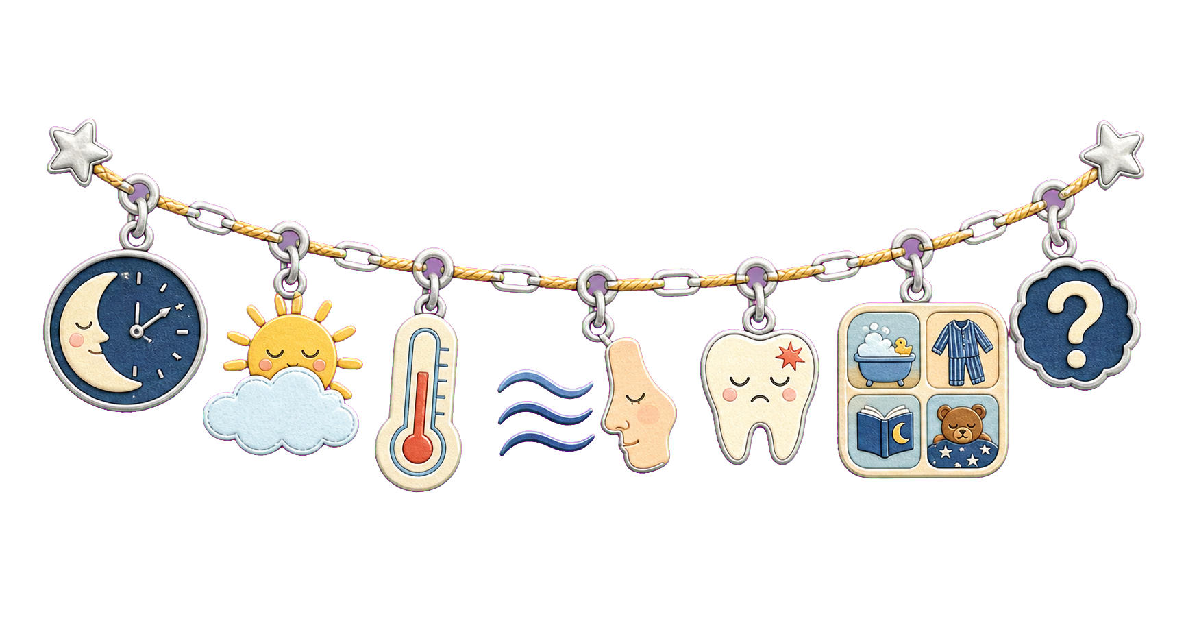 Silver charm garland with a moon clock, nap sun, thermometer, breath waves and nose, sore tooth, picture-routine card, and question mark.