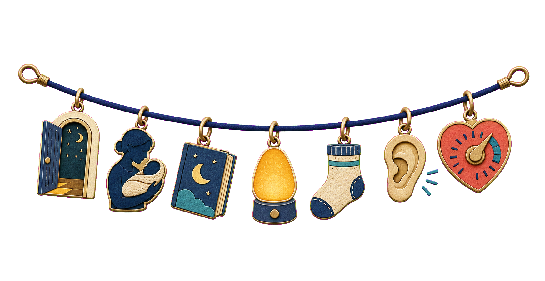 Brass charm strand with a bedroom doorway, caregiver and baby, picture book, nightlight, toddler sock, listening ear, and heart-shaped attention dial.