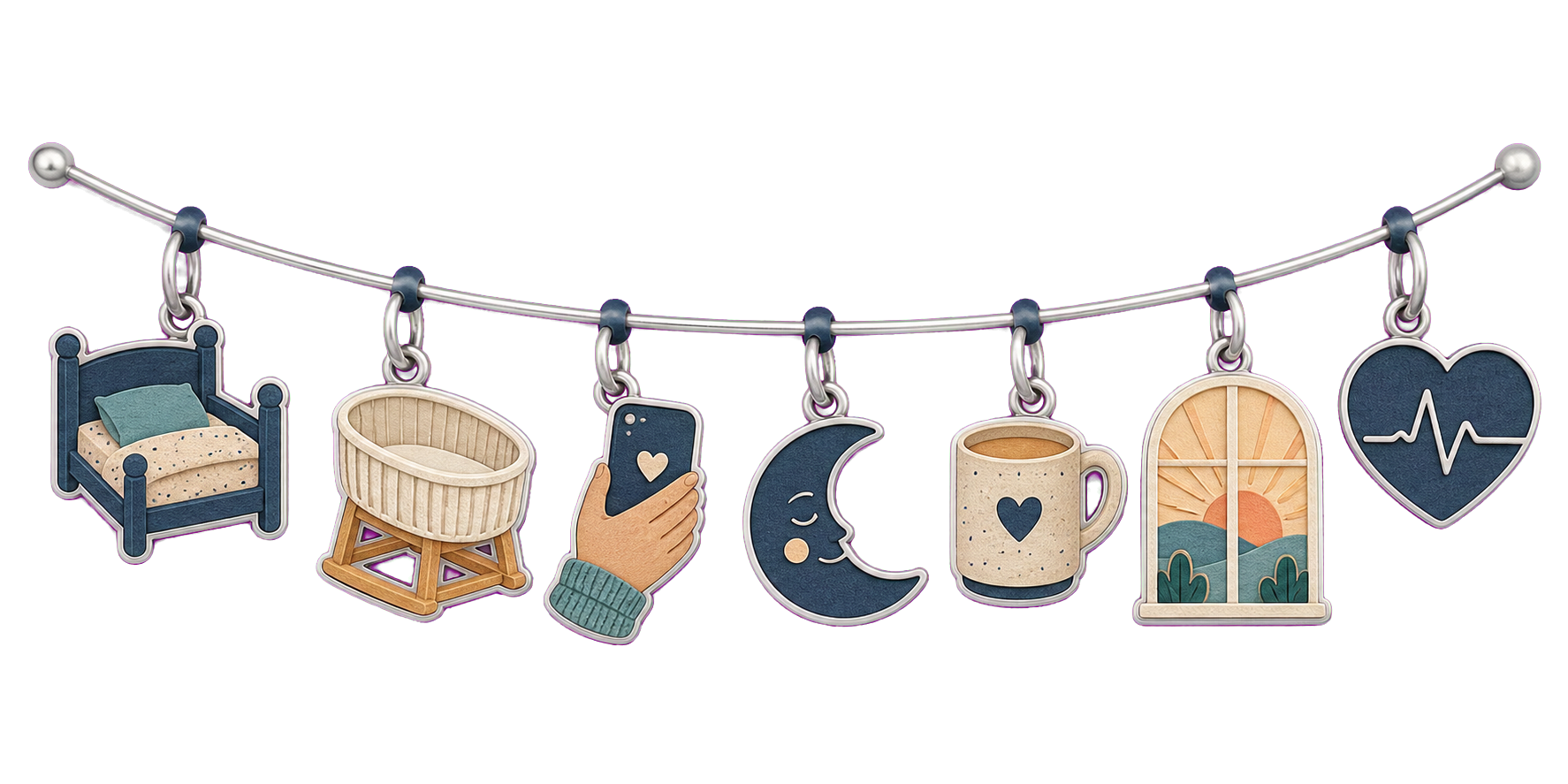 Silver charm arc with a toddler bed, separate bare bassinet, helping hand and phone, crescent moon, warm mug, dawn window, and steady heart.