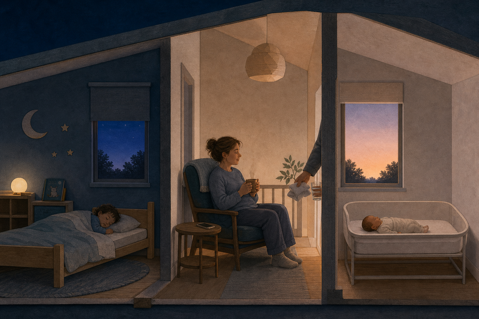 A toddler sleeps in a low bed and a newborn sleeps on their back in a separate empty bassinet while a tired caregiver accepts water in the hallway at dawn.