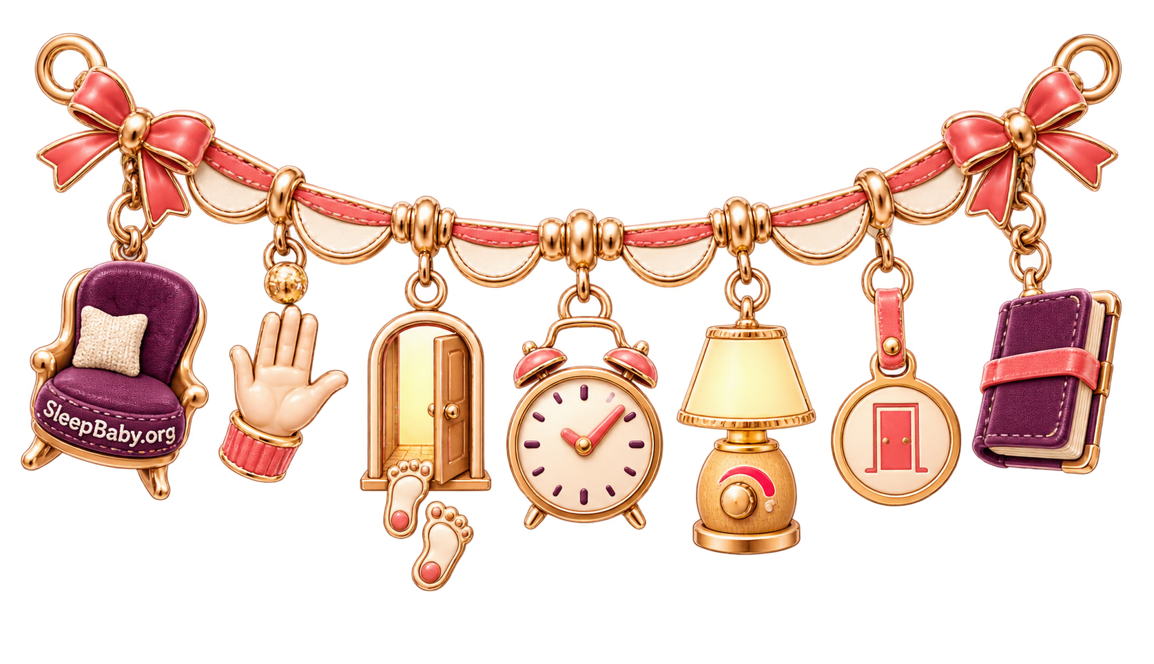 A rose-gold method-choice strand with a bedside chair, calming hand, doorway footprints, clock, dimmer lamp, pass token and book.