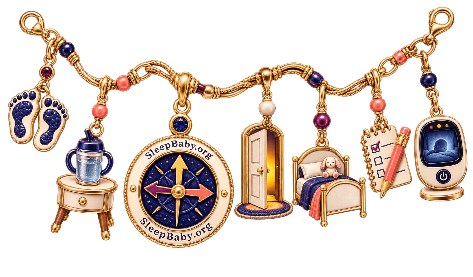A gold adjustment strand with return footprints, bedside water, a three-way compass, open door, toddler bed, observation card and monitor.