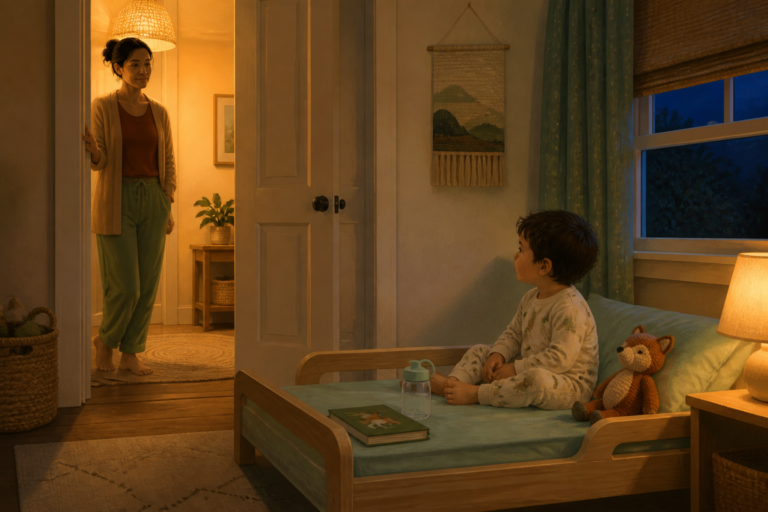 A caregiver stands at an open doorway while a pajama-clad toddler sits in a low bed beside water and a closed book.