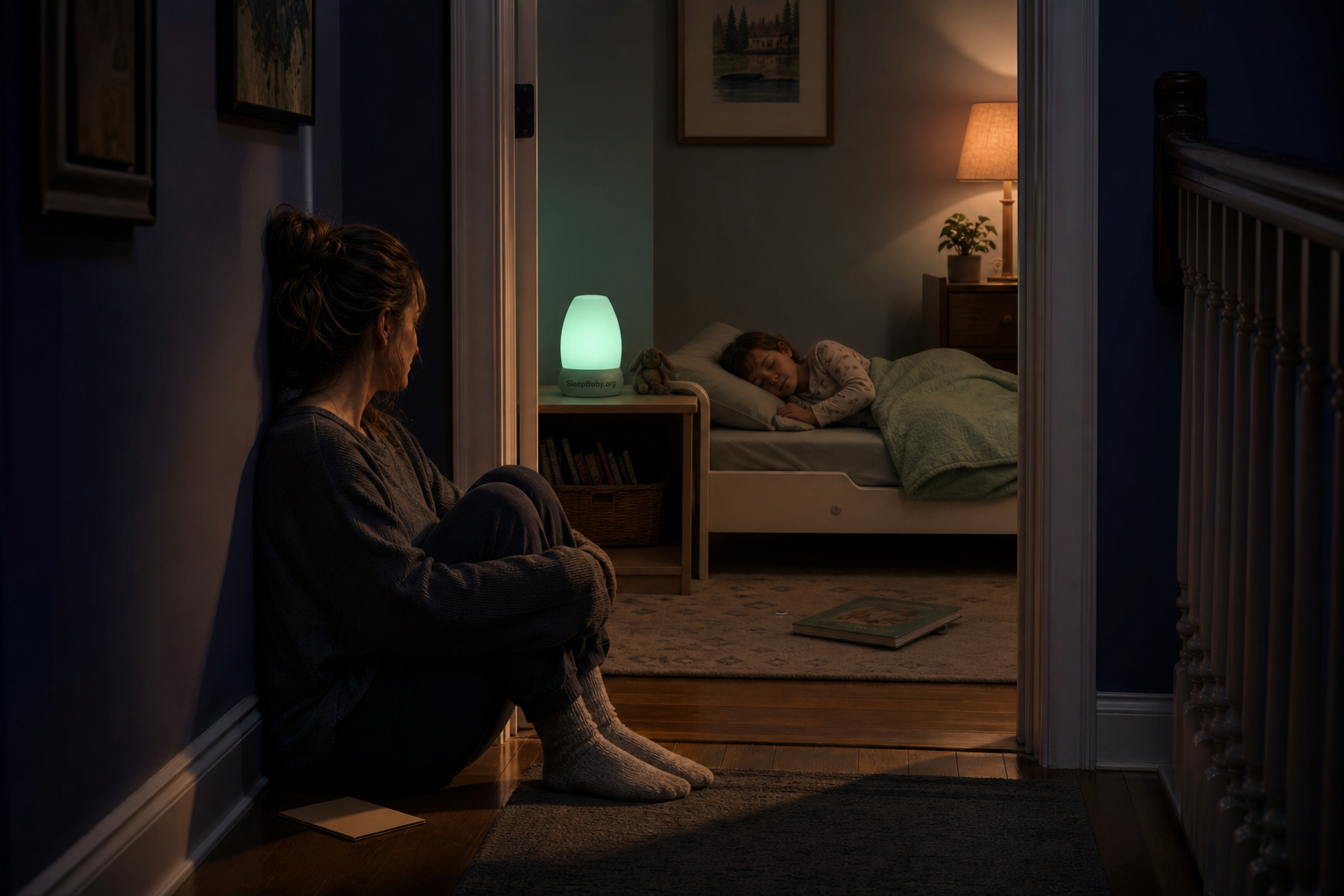 A caregiver sits just outside an open bedroom door while a toddler sleeps beside a mint nightlight.